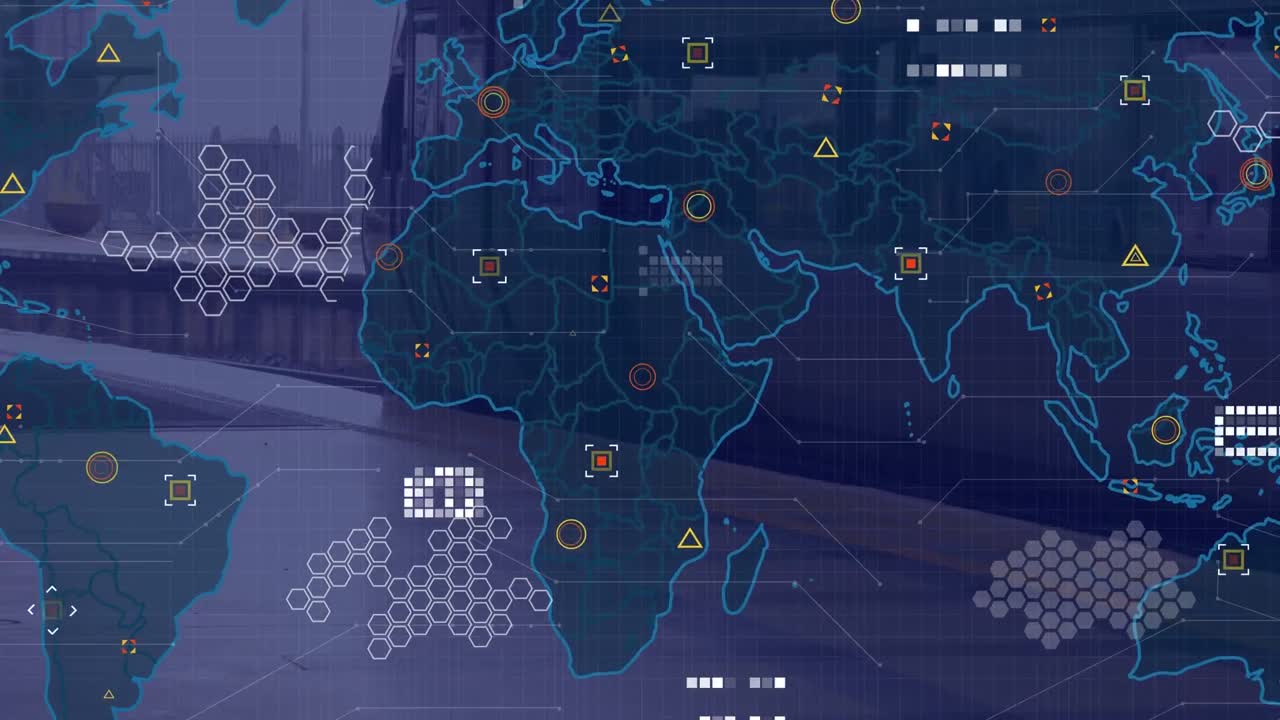 Animation of data and world, map over train in station