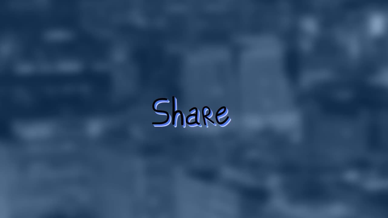 Animation of share text with arrows over out of focus cityscape