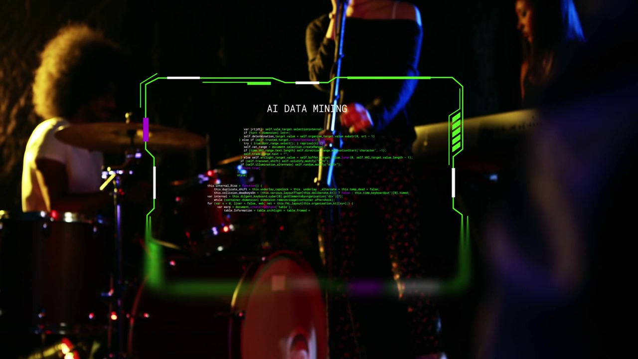 Displaying green HUD labeled AI DATA MINING over stage after hand typing laptop, drums and singing