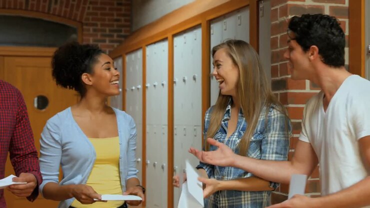 Šťastní studenti společně otevírají svůj výsledek
