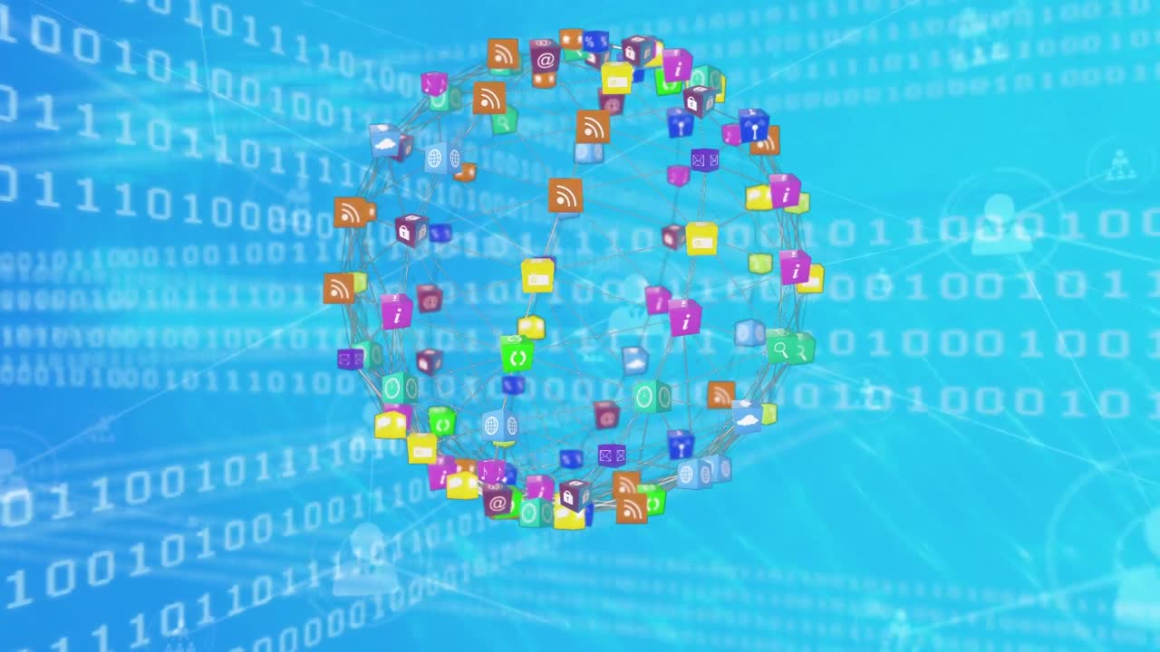 Animation of globe made of connections over binary code on blue background