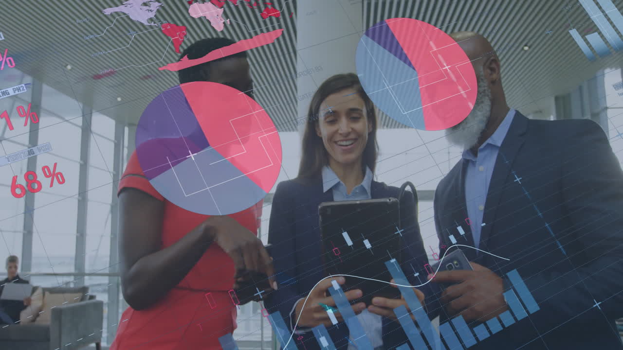 Animation of financial data processing over diverse colleagues discussing work in office