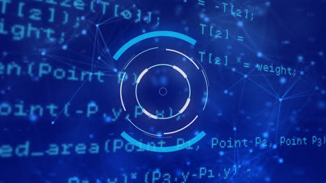 Animation-of-circular-scope-scanning-and-interface-showing-data-on-blue-background