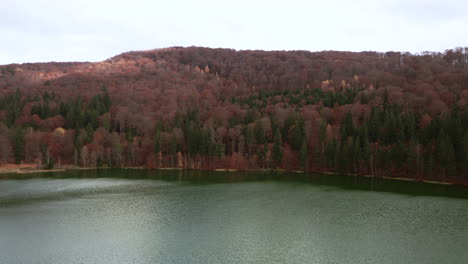 empuje aéreo hacia la orilla del lago sfanta ana bordeado por un vibrante bosque otoñal