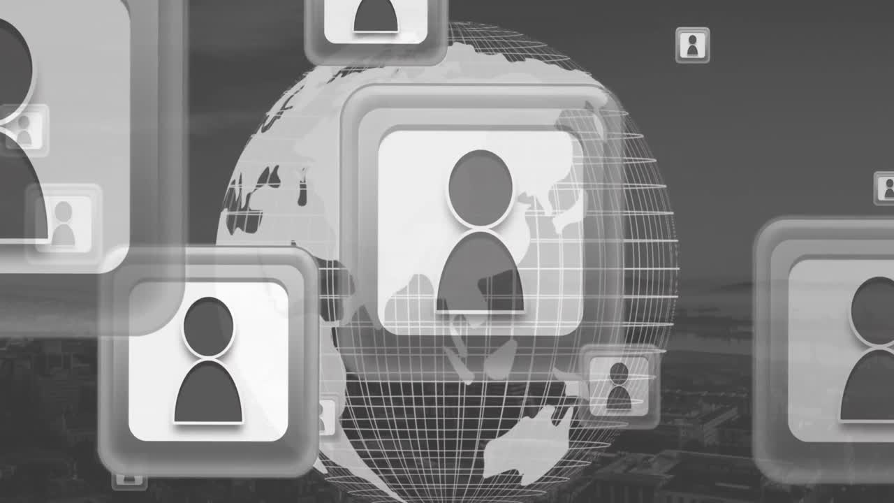 animación de los iconos de las personas y el globo girando sobre fondo gris