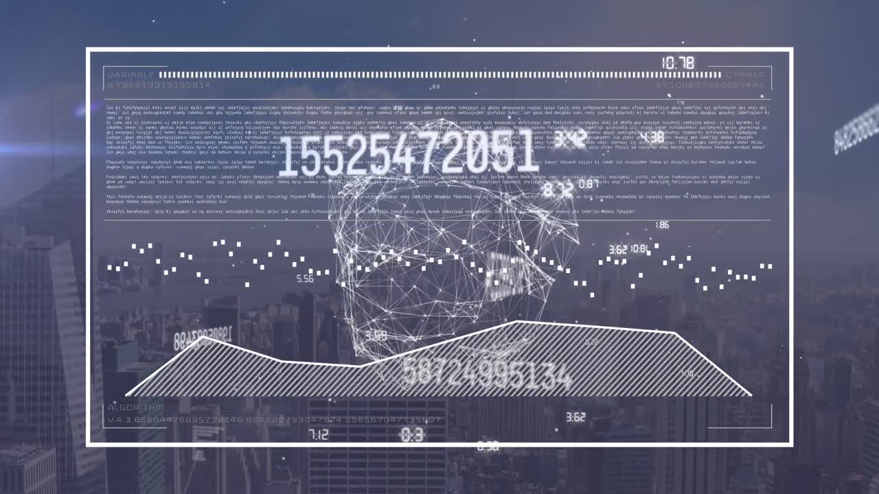 컴퓨터 언어로 화면의 애니메이션, 움직이는 그래프 및 도시 풍경에서 변하는 숫자