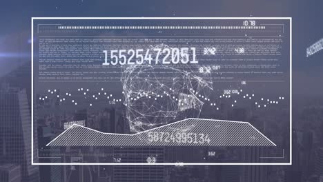 컴퓨터 언어로 화면의 애니메이션, 움직이는 그래프 및 도시 풍경에서 변하는 숫자
