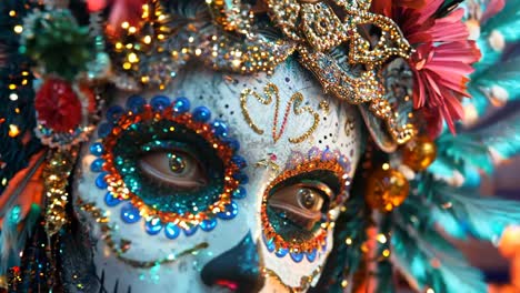A woman with a skull painted on her face and a feather headdress. The woman is wearing a costume and she is a part of a celebration