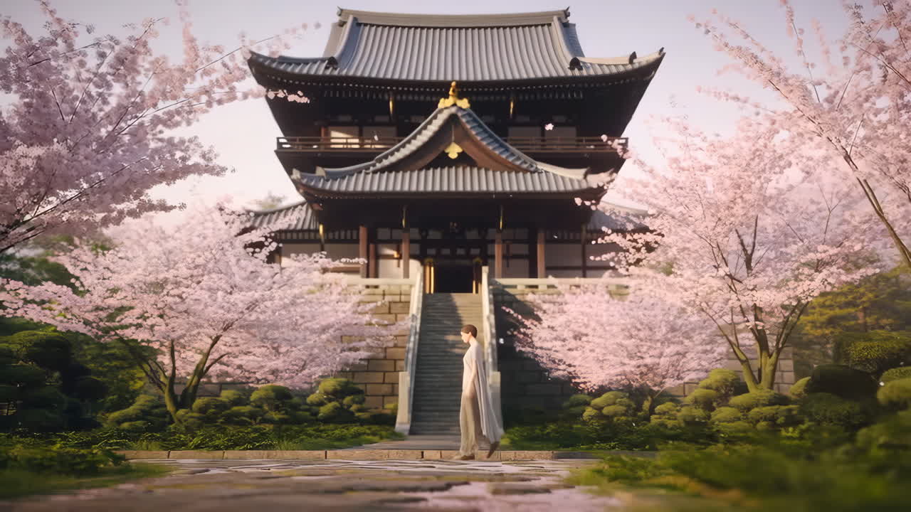 Person approaches a traditional Japanese temple amidst cherry blossoms