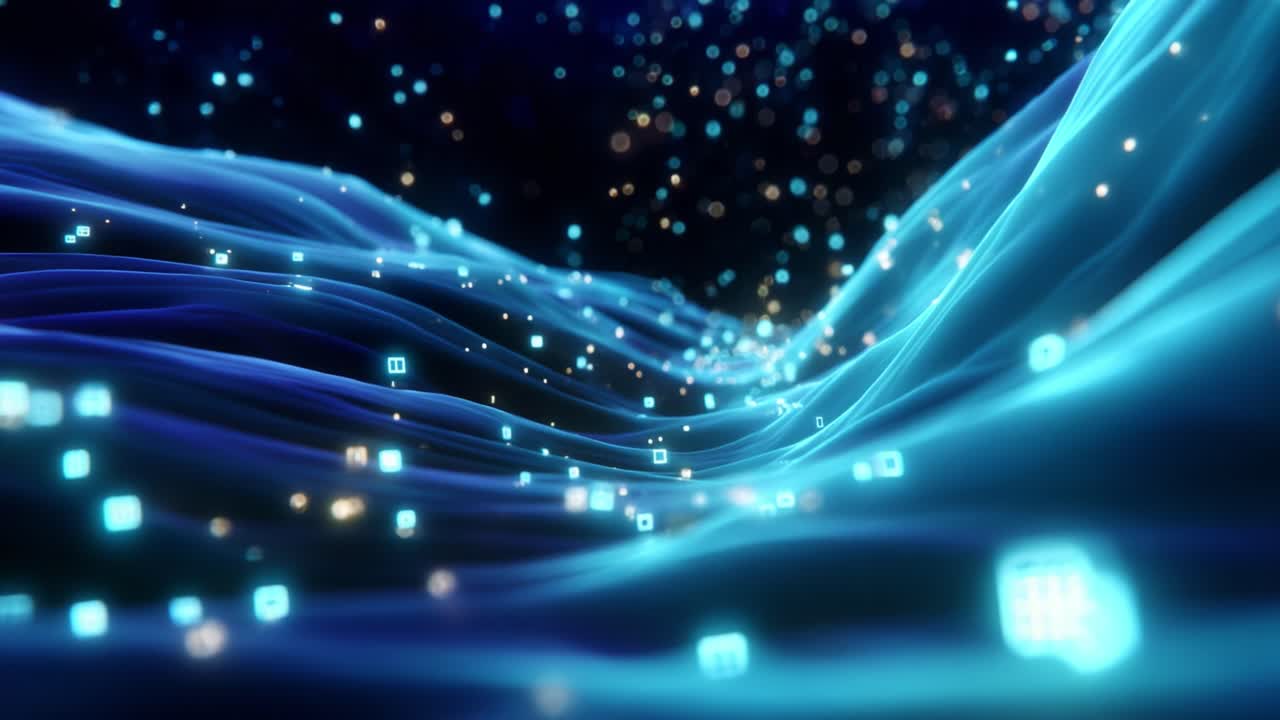 An Immersive Journey Through a Digital Landscape: Illuminated Waves of Data and Information Flowing Through a Cosmic Space, Highlighting Connections and Patterns in a Beautiful, Abstract Display