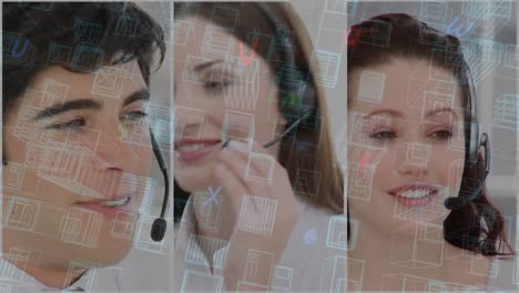 animación del plan de la ciudad con letras sobre personas de negocios que usan auriculares de teléfono