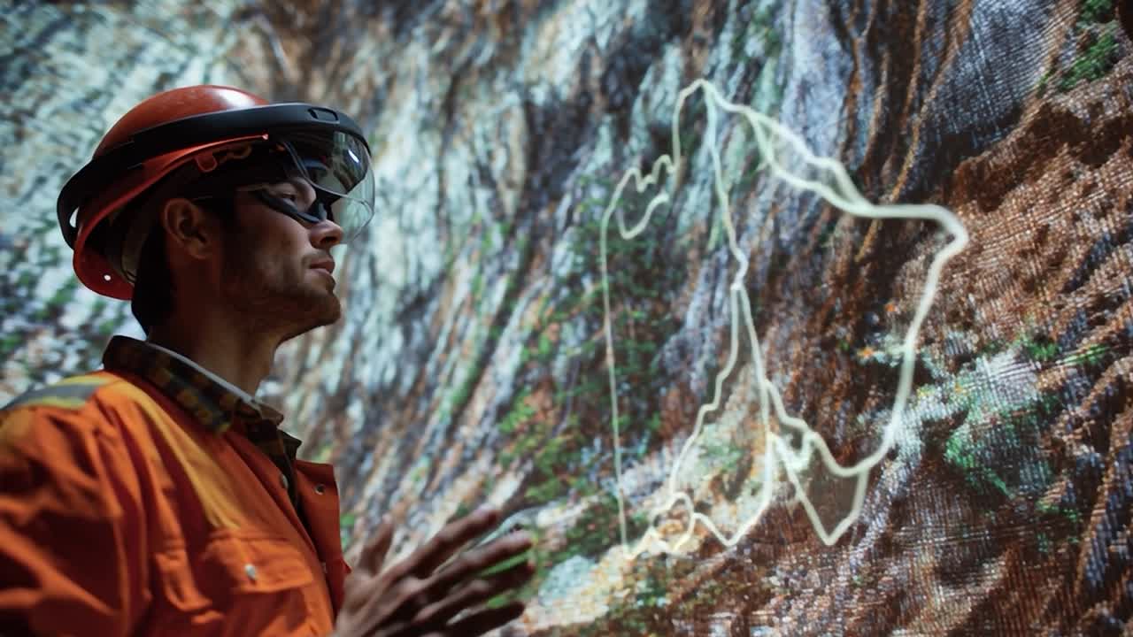Engineer examines rock surface for geological assessment in cave