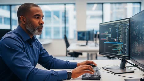 focused professional analyzing complex code in a modern office environment, displaying expertise in programming and data management
