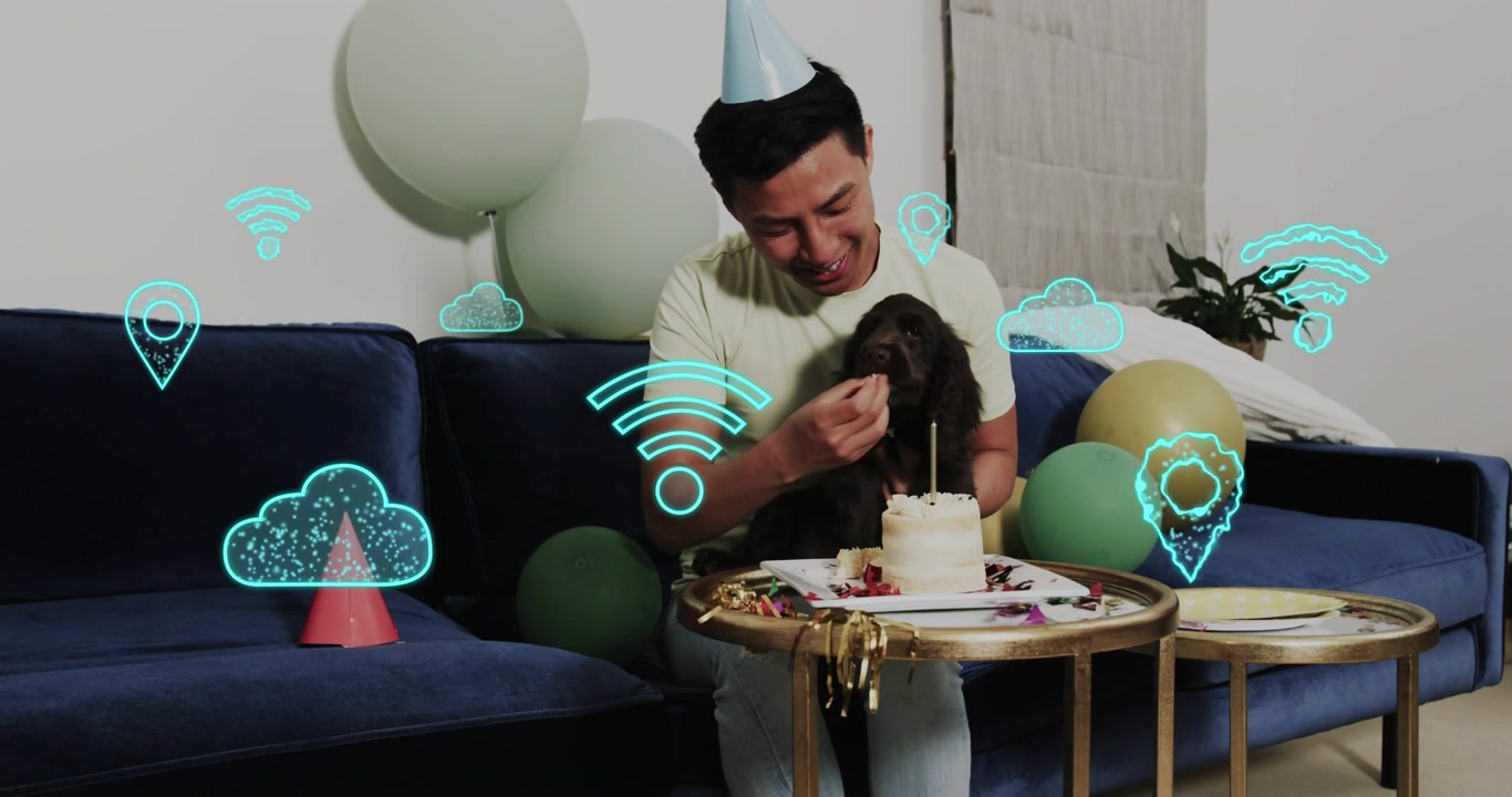 Man feeding dog cake on sofa at tech demo, sparking animated wifi cloud, location icons emerging