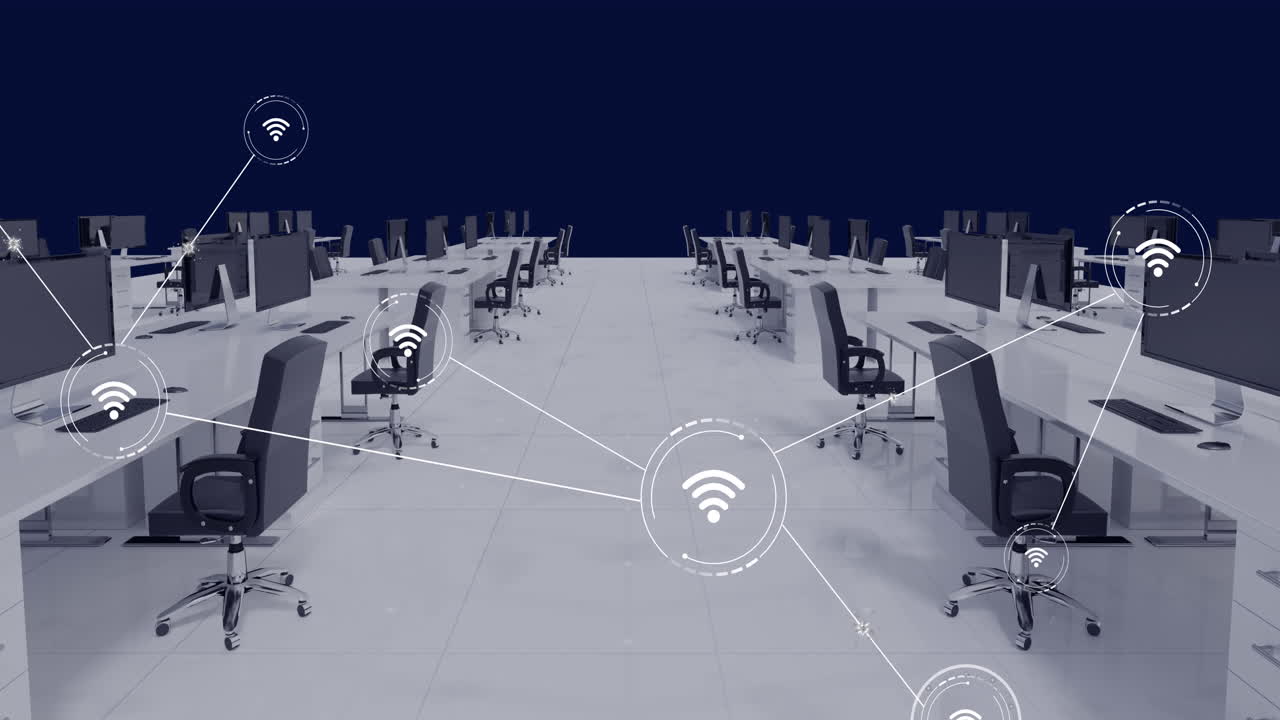animación de la red de conexiones con iconos en el interior de la oficina con escritorios y computadoras