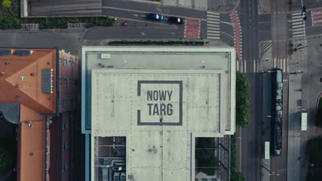 aerial view of nowy targ sign on building roof