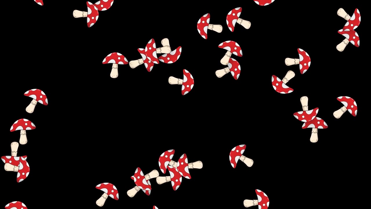 Stylized red mushrooms with white spots fall vertically against a solid black background.