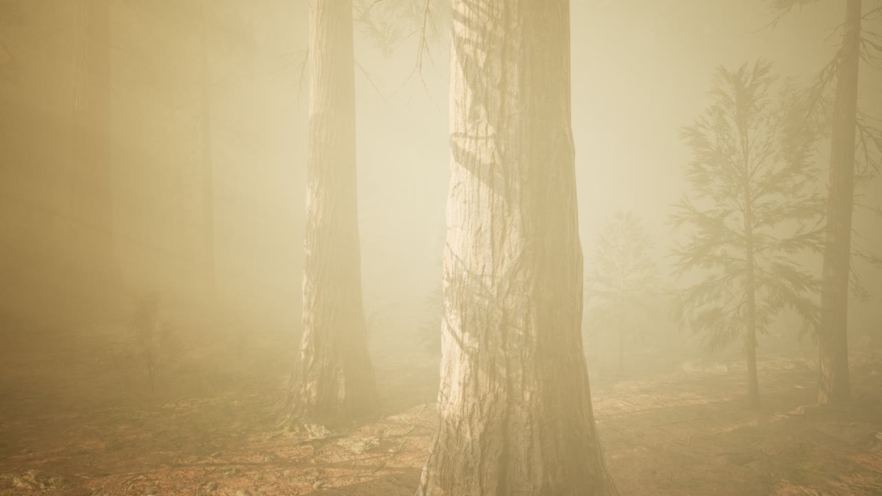 가을의 숲과 아침 안개의 나무