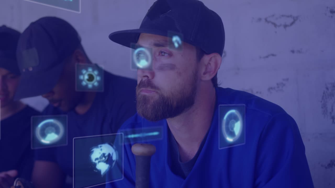 Animation of digital screens with data over diverse men