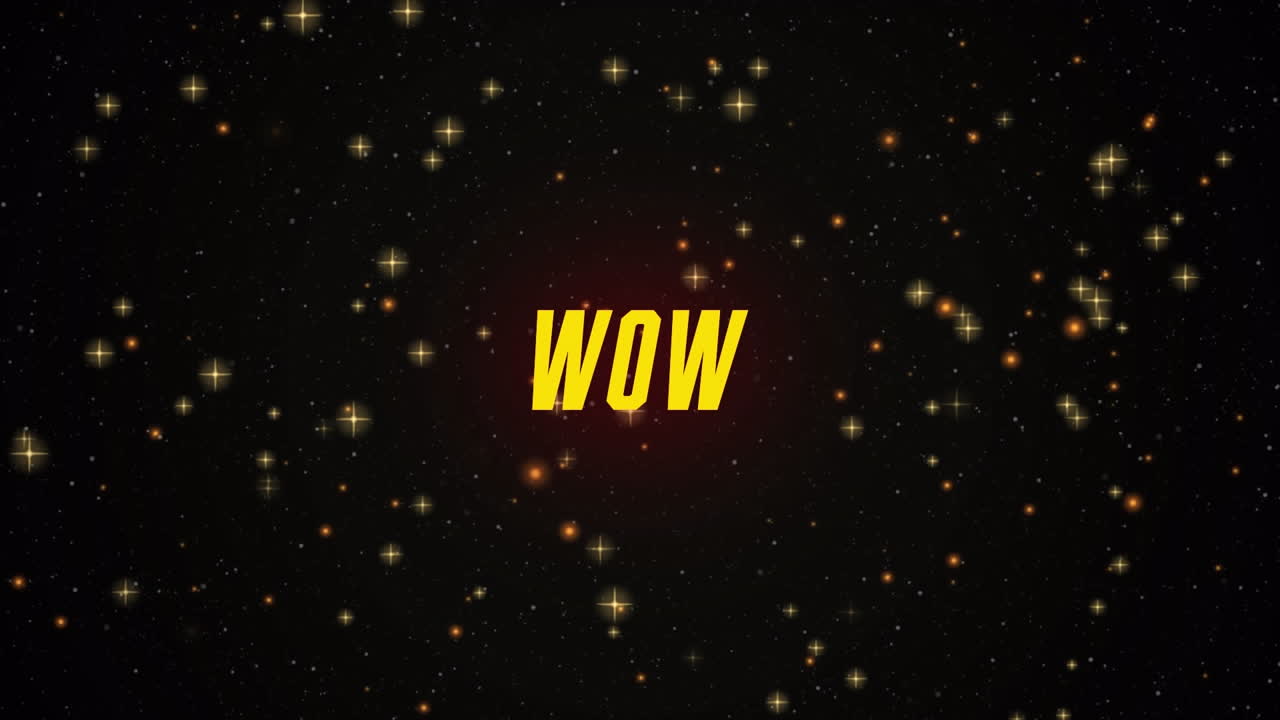 검은색 배경의 별 위에 와우 텍스트의 애니메이션