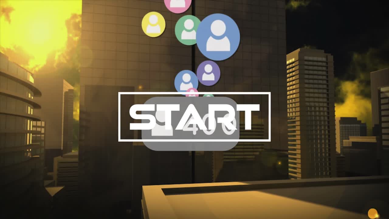 animación del texto de inicio y los números que crecen sobre el paisaje urbano