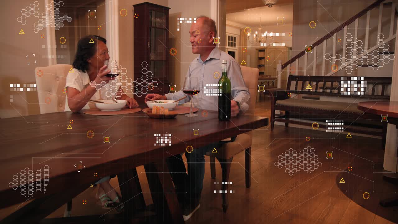 Man lifting green bottle pouring into red glass toasting while tech HUD growing across scene