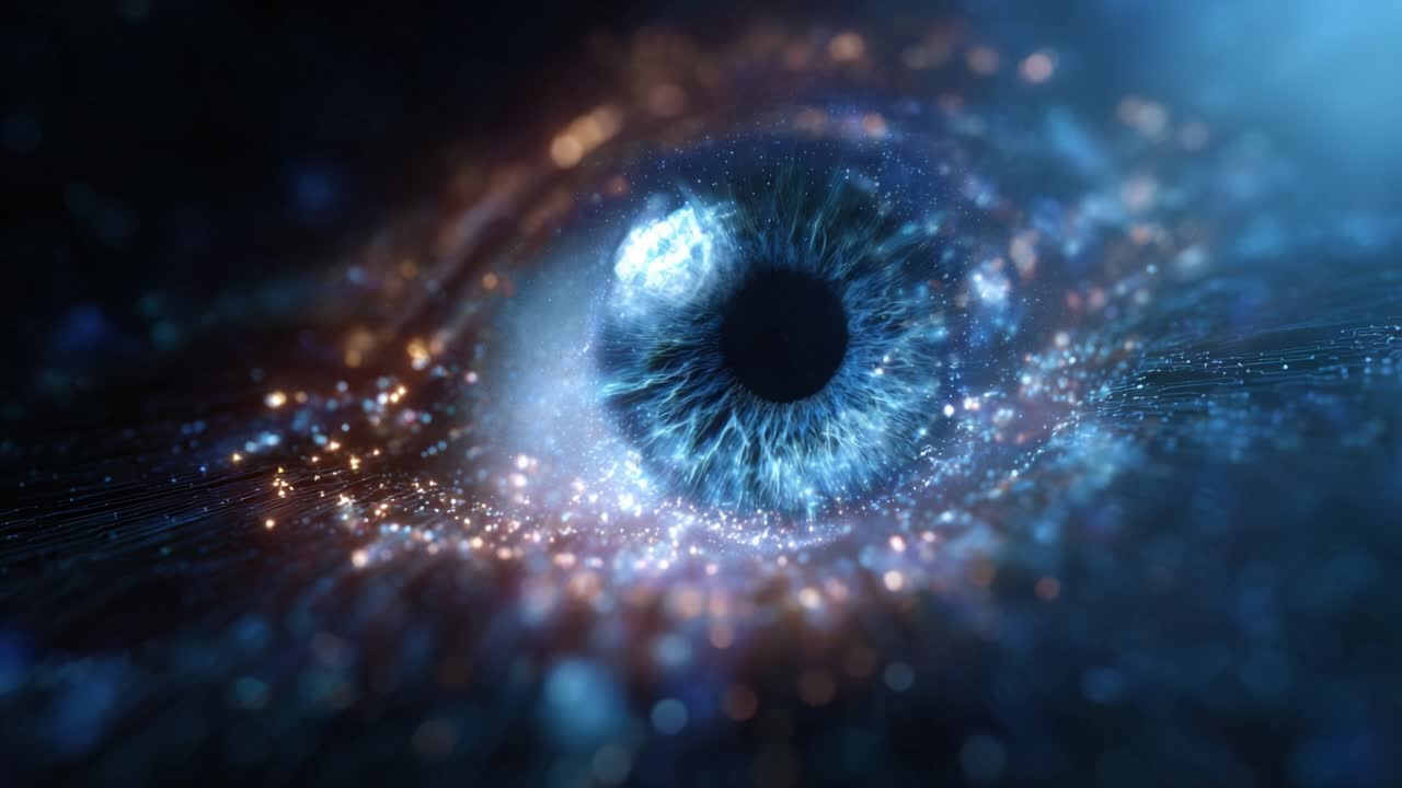 Un occhio cosmico che scruta le profondità dello spazio, fondendo l'universo infinito con la percezione umana attraverso le immagini misteriose e mozzafiato del cosmo.
