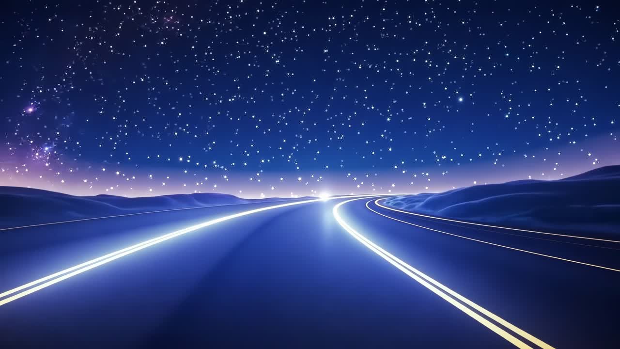A mesmerizing video concept with a low-angle view of a glowing road under a starry night sky