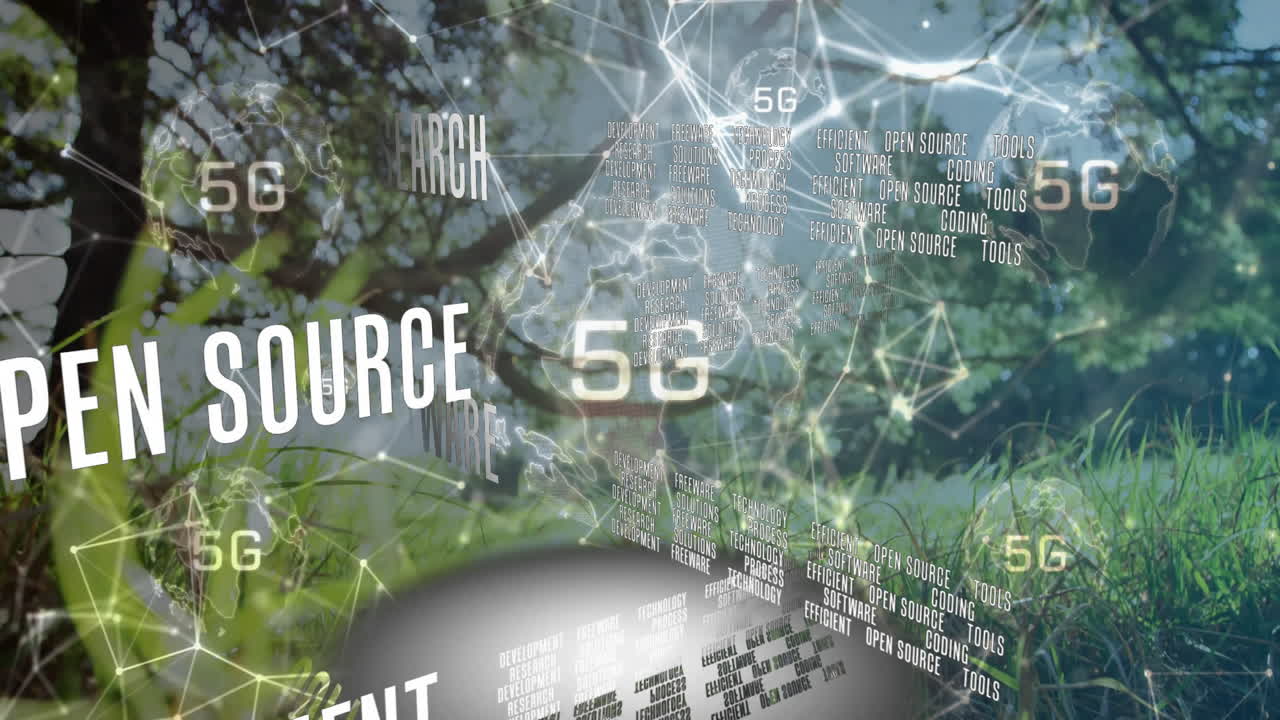 Network connections and data processing animation over natural landscape with grass