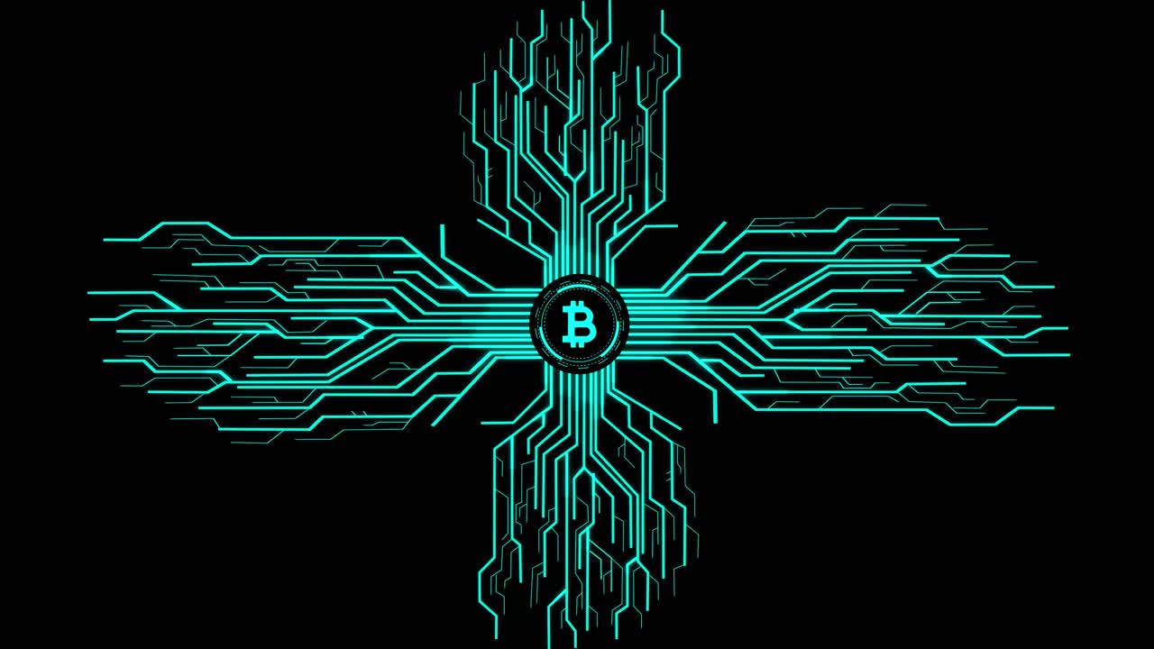 Bitcoin Digital Currency With Futuristic Artificial Intelligence Spreading Through Internet. Visualization Of Machine Learning, Computer Technology, Neural Network