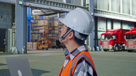 close up side view of asian male engineer with safety helmet working on a laptop and looking around while standing , outside of logistics distributions warehouse