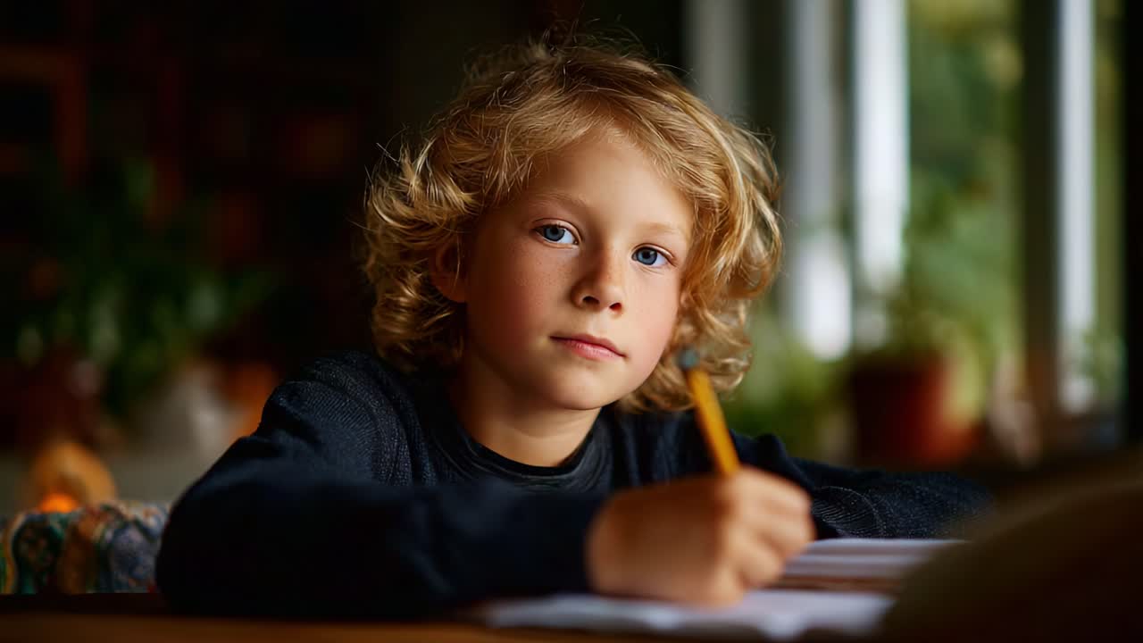 Un ragazzino impegnato nella scrittura creativa, concentrato sui compiti mentre è seduto a un tavolo circondato da una calda atmosfera di luce naturale e vegetazione