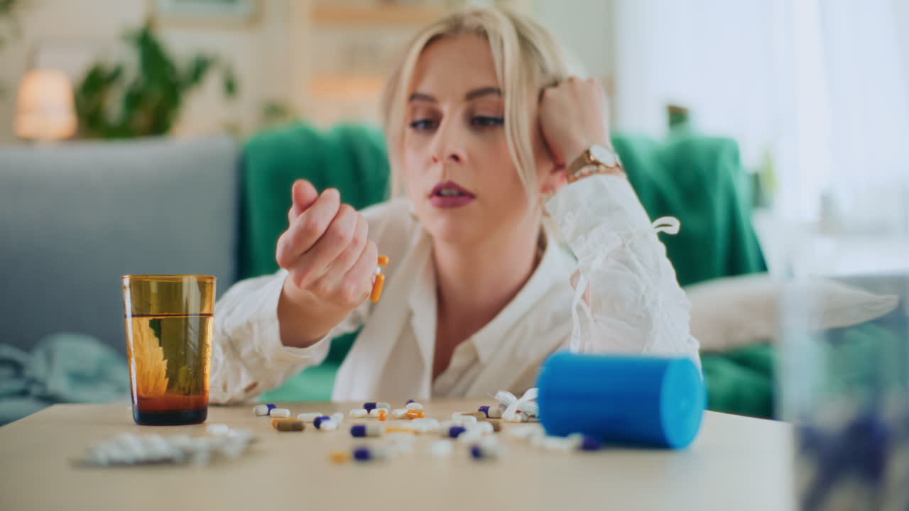 una chica con nervios rotos toma pastillas