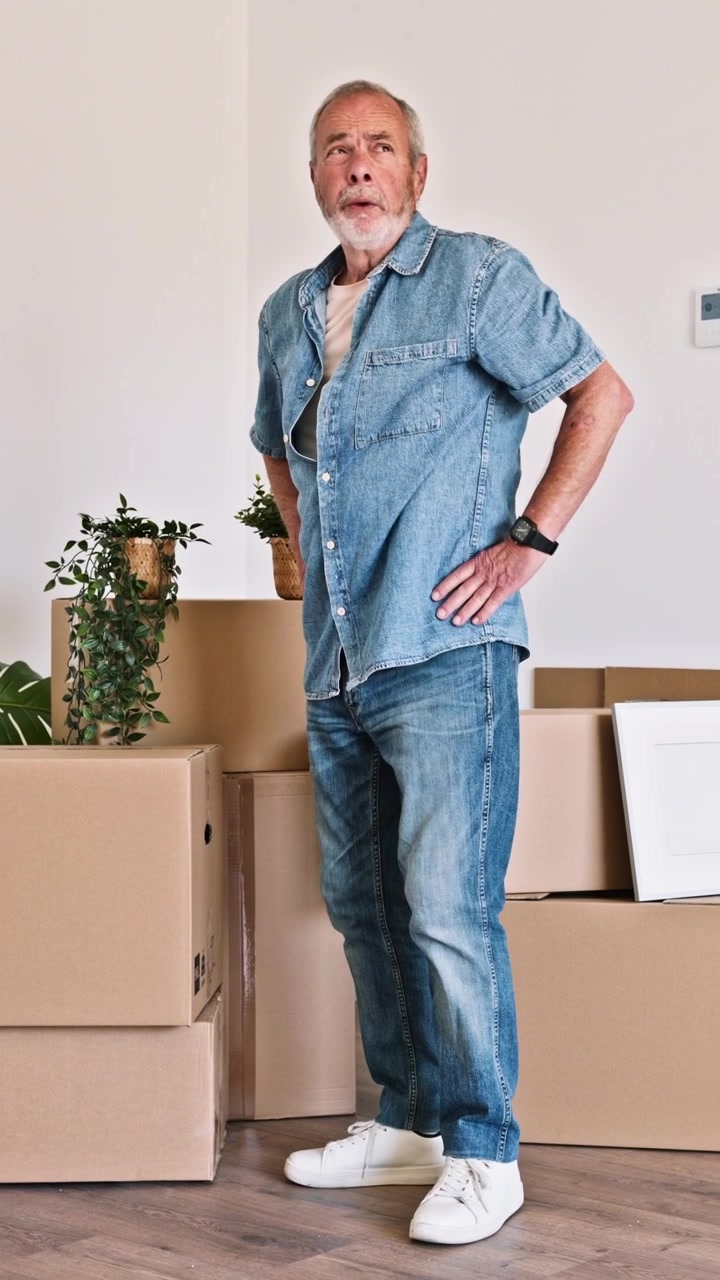 Senior Man Moving Cardboard Boxes into New Home