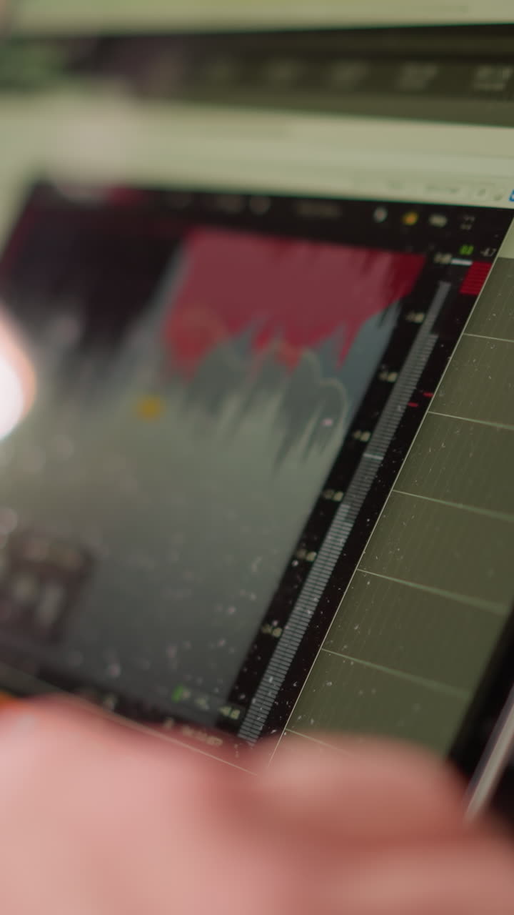 Close-up of a computer screen displaying audio production software, with a hand operating a mouse.active process of editing or producing music or sound, with a studio monitor blurred in the background