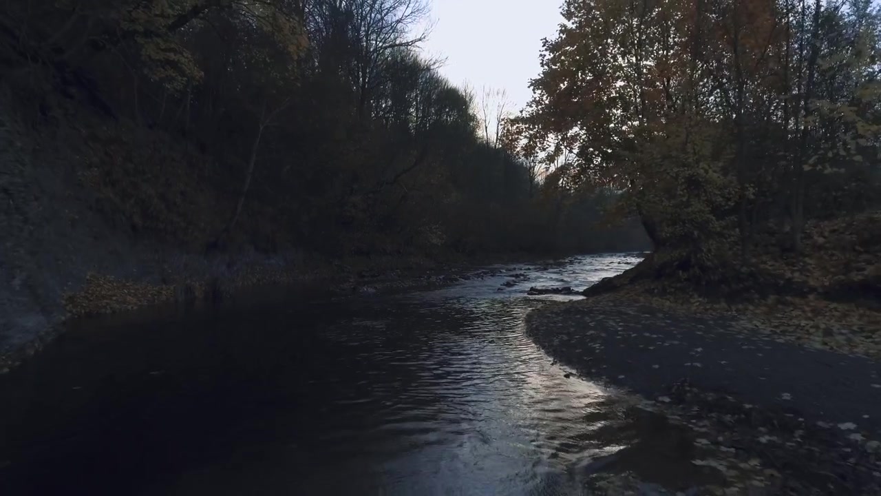 Aerea - fiume nascosto scorre dolcemente attorno a un'ansa rocciosa, delimitato da pietre scure e bagnate sulla sinistra e alberi autunnali sulla destra. L'acqua riflette il cielo fioco e nebbioso. Atmosfera calma e suggestiva. Bieszczady