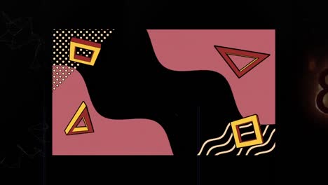 animación de cuadrados y triángulos giratorios sobre ondas rosadas sobre fondo negro
