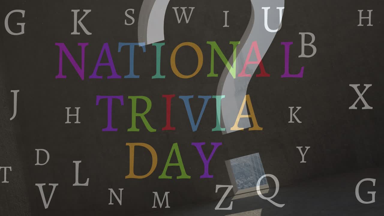 국가 트리비아 데이 텍스트와 검은색 배경에 물음표의 애니메이션