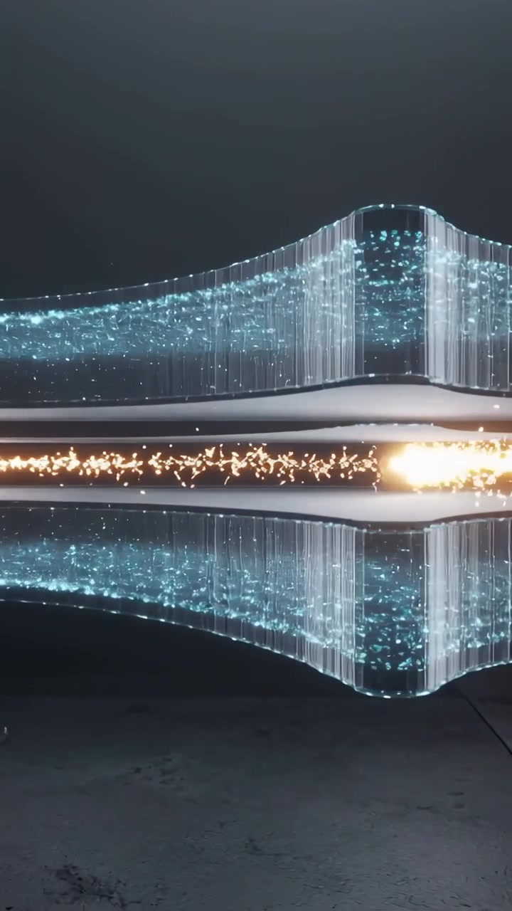 Vertical video: Igniting right post, bar sending golden sparks left in studio demo with cyan waves