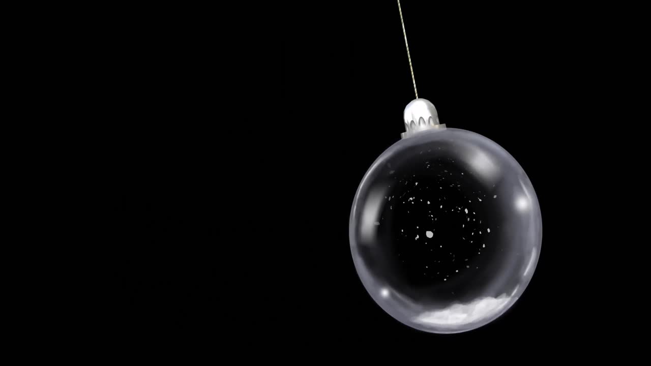 Animation einer baumelnden Weihnachtskugel über fallendem Schnee auf schwarzem Hintergrund