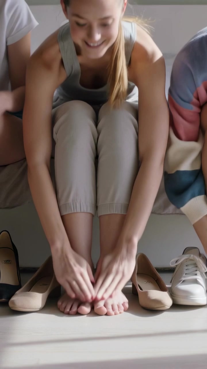 Video verticale: Donna in canotta grigia che si toglie le scarpe basse sul letto appoggiando i piedi vicino alle scarpe in un raggio di sole per rilassarsi