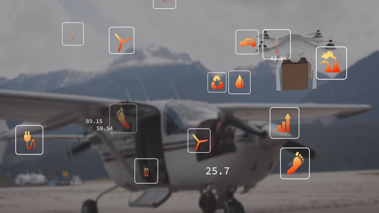 animación de iconos ecológicos y procesamiento de datos a través de drones con caja y avión