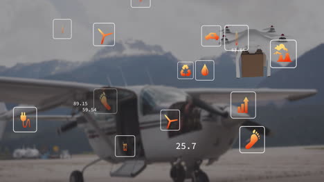 animation of eco icons and data processing over drone with box and plane