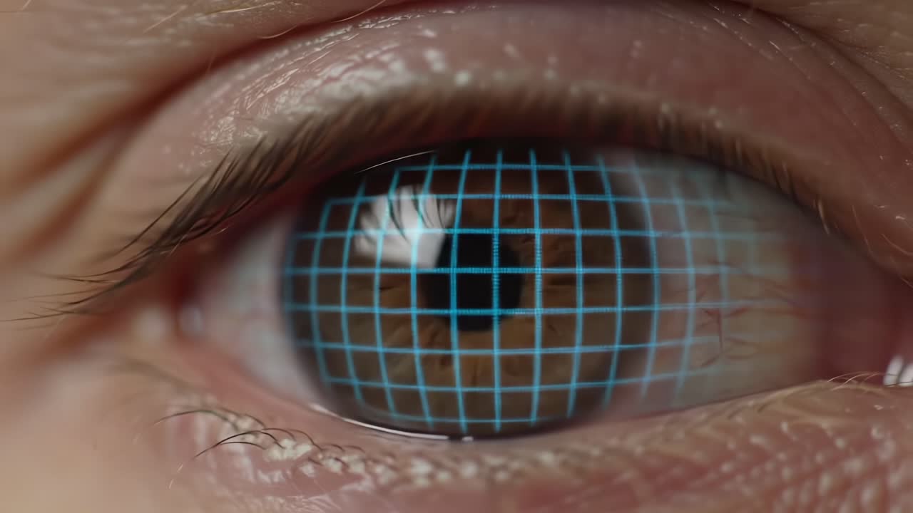 A Close-Up Examination of an Eye with a Grid Overlay, Demonstrating Focus on Detailed Structures and Visual Clarity Enhancement in a Hypothetical Context