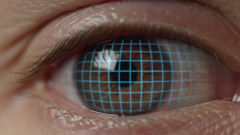 a close-up examination of an eye with a grid overlay, demonstrating focus on detailed structures and visual clarity enhancement in a hypothetical context