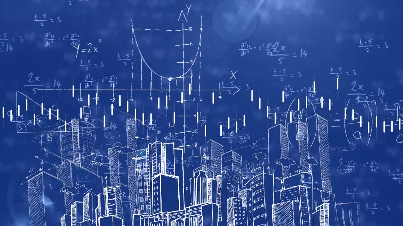도시 풍경 위의 금융 데이터 처리 및 수학 방정식의 애니메이션