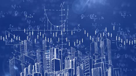 animation von finanzieller datenverarbeitung und mathematischen gleichungen über stadtbild