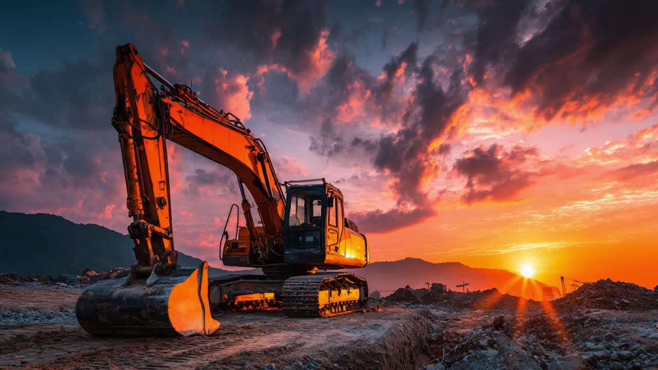 A Powerful Excavator at Sunset: Capturing the Beauty of Heavy Machinery against a Dramatic Sky during Dusk in an Industrial Landscape