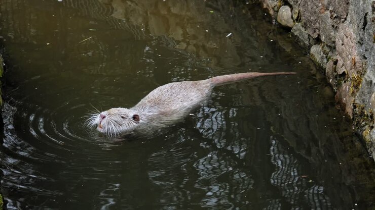 Nutria bianca che nuota in un canale muschioso - Angolazione alta, rallentatore