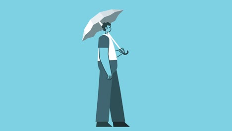 diseño plano gráfico hombre audaz personaje de dibujos animados caminando bajo paraguas bucle aislado animación 2d. luma mate.